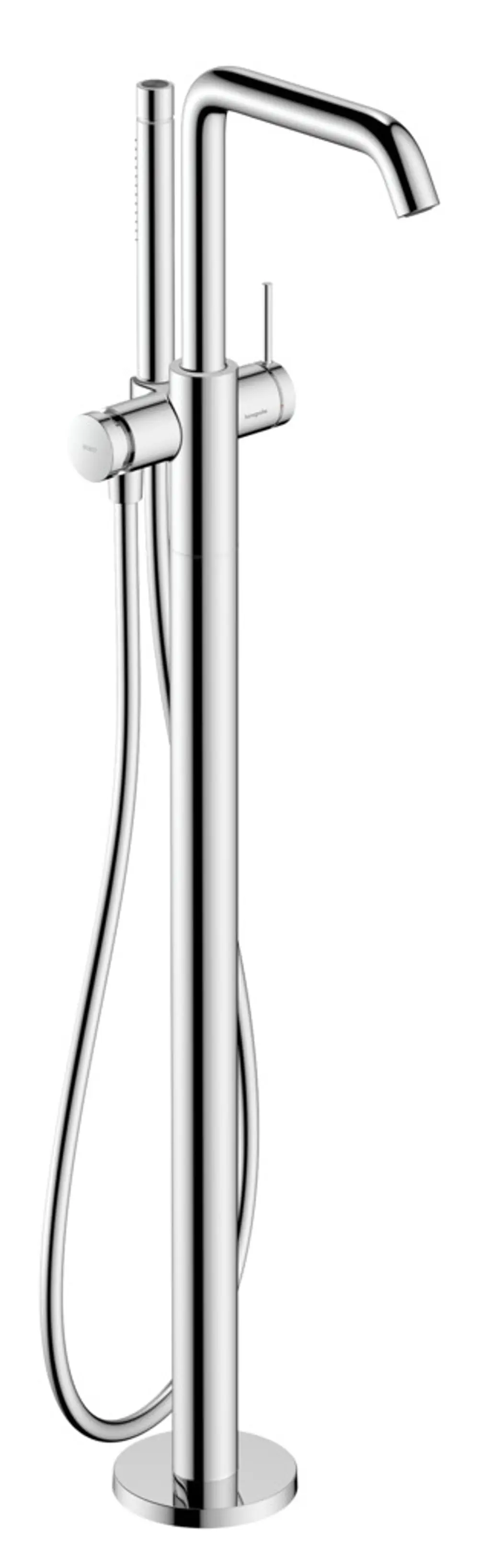 Hochstehender Wannenmischer aus Chrom von hansgrohe mit einem schlanken Auslauf und Handbrause. Der Mixer hat eine senkrechte Montage und einen runden Sockel.